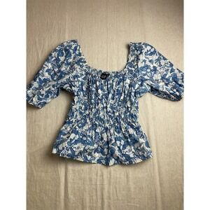 Gap Blue‎ Womens M Floral Milkmaid Smocked Waist Boho Cottagecore Peplum Blouse